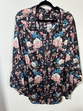 torrid Black Floral Button-Up Blouse with Pink & Blue Blooms